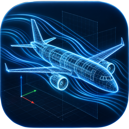 PlaneCAD icon: a glowing blue wireframe airliner flying over a CAD grid, with the X, Y and Z axes in red, green and blue.